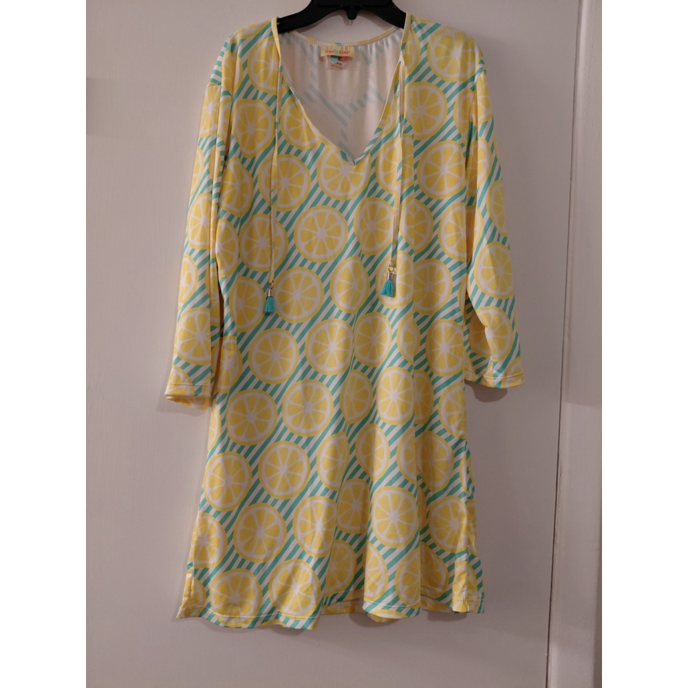 Ladies S/M Viv & Lou Yellow Lemon Fruit Print Summer Dress Long Sleeves V Neck